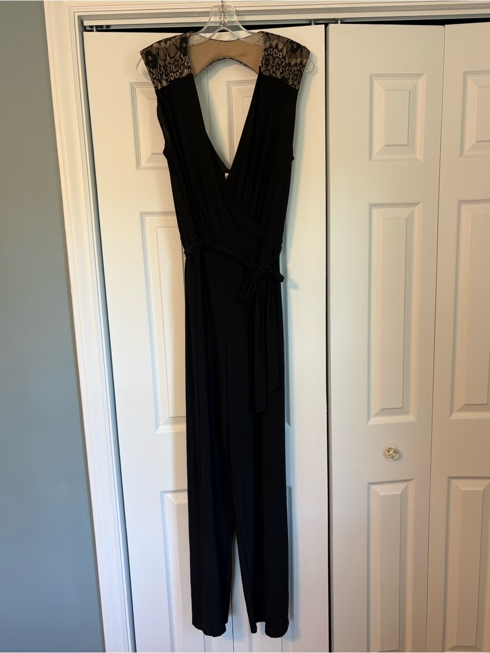 Emma & Michele Black Lace-Trim Wrap Jumpsuit
